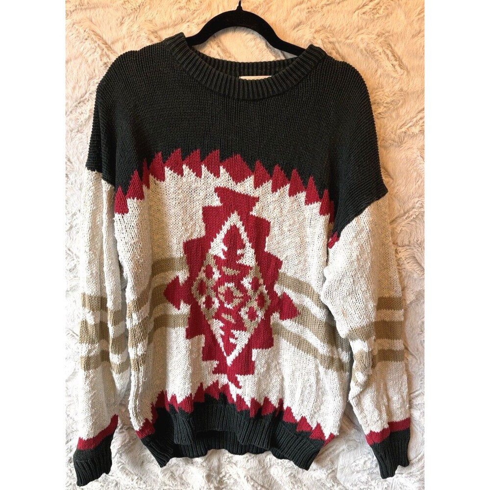 ADOLFO Sweaters Men's L Vintage Cotton Crewneck Pullover Black Brown Cream Aztec